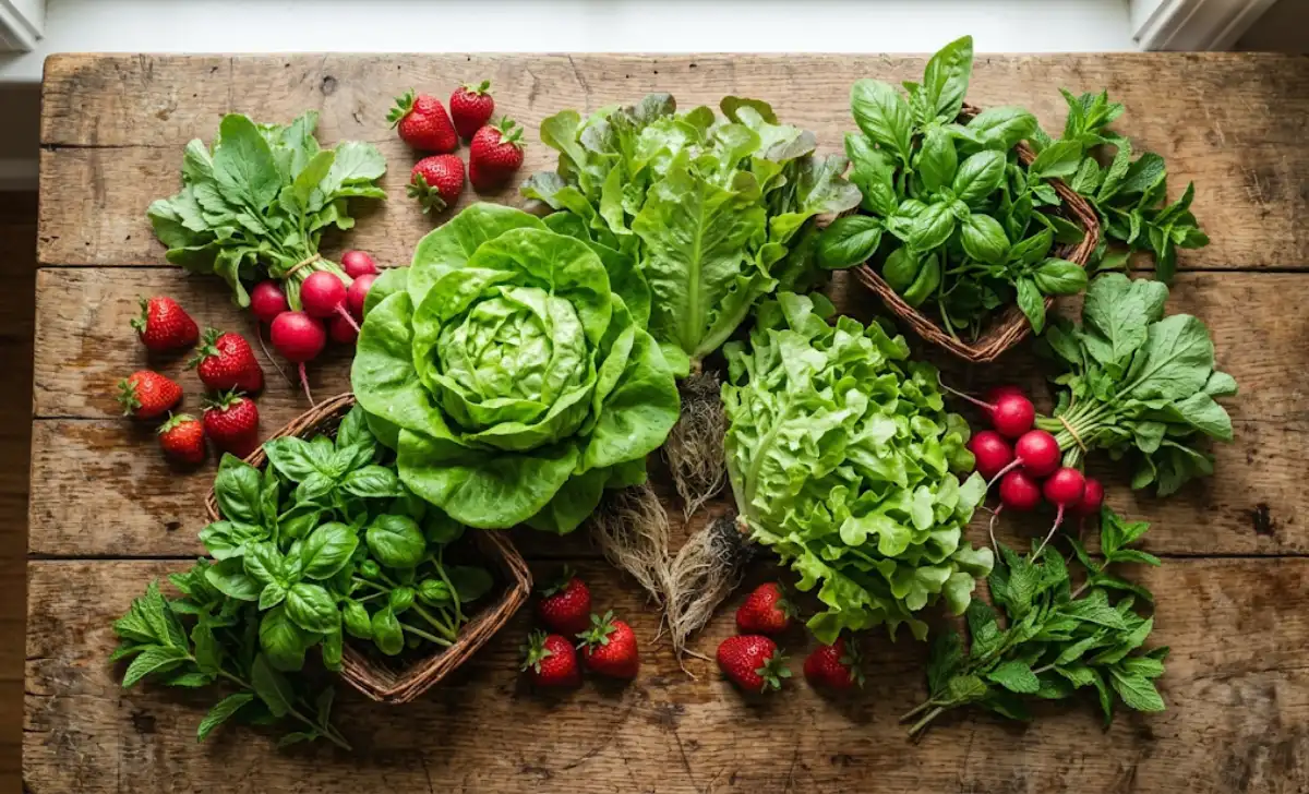 Selection of shade-tolerant crops including lettuce, strawberries, basil, and radishes — the best crops to grow under solar panels in agrivoltaic systems
