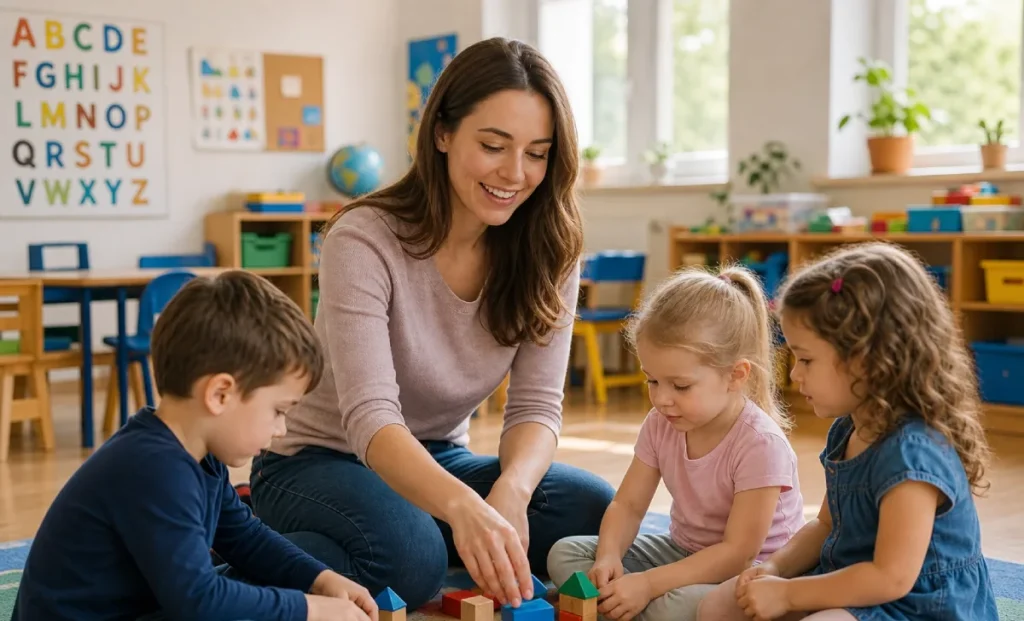 Early childhood educator working with young children in a preschool classroom setting