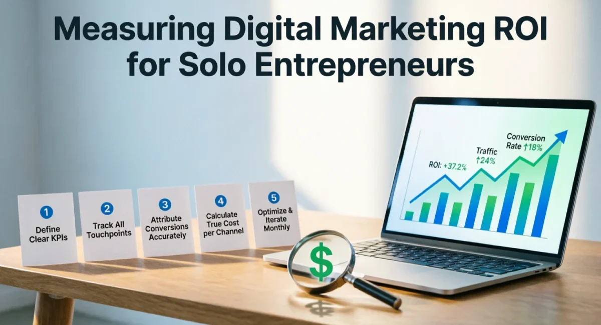 Solo business owner learning to measure digital marketing ROI solo using a laptop dashboard.