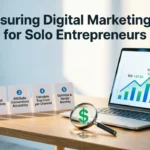 Solo business owner learning to measure digital marketing ROI solo using a laptop dashboard.