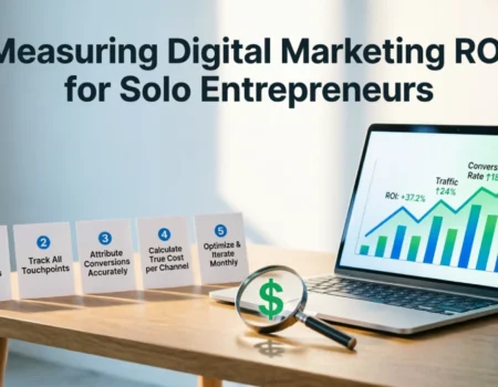 Solo business owner learning to measure digital marketing ROI solo using a laptop dashboard.