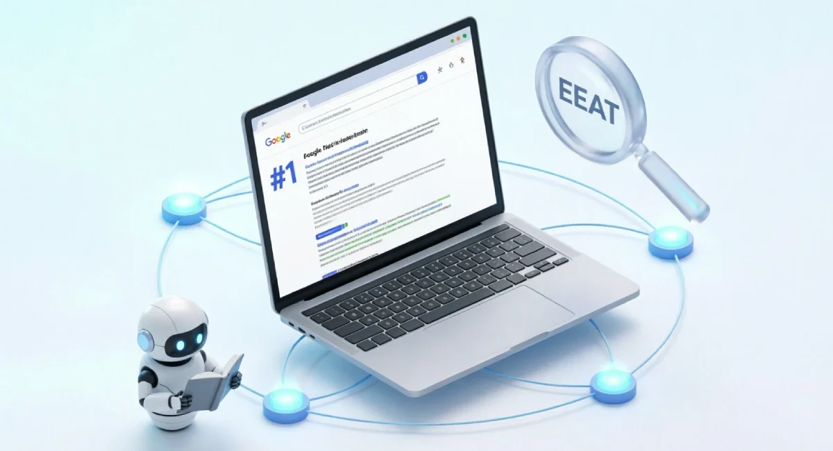 Step-by-step rank without backlinks guide illustration showing EEAT, internal links, and AI search optimization