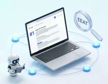 Step-by-step rank without backlinks guide illustration showing EEAT, internal links, and AI search optimization