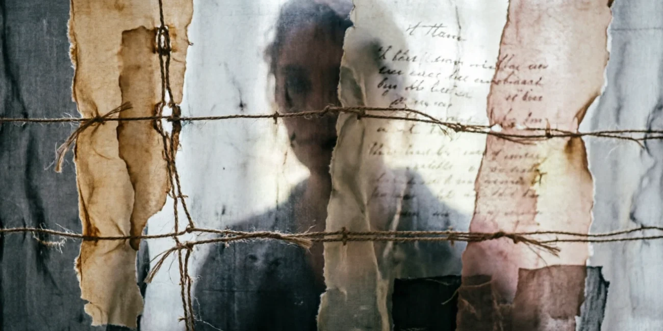 Abstract mixed media concept with layered fabric, stitched threads, and fragments of handwritten text in muted tones, representing themes of identity and memory.