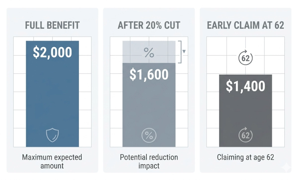 Infographic comparing Social Security monthly benefit amounts before and after a potential 2033 cut