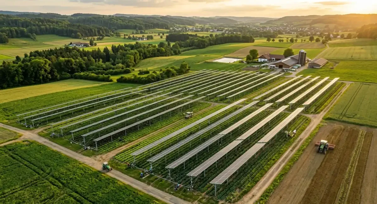 Aerial view of elevated solar panels installed above crop rows on a working farm, showing an agrivoltaic dual-use system