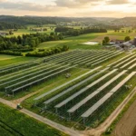 Aerial view of elevated solar panels installed above crop rows on a working farm, showing an agrivoltaic dual-use system