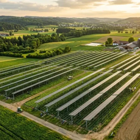Aerial view of elevated solar panels installed above crop rows on a working farm, showing an agrivoltaic dual-use system
