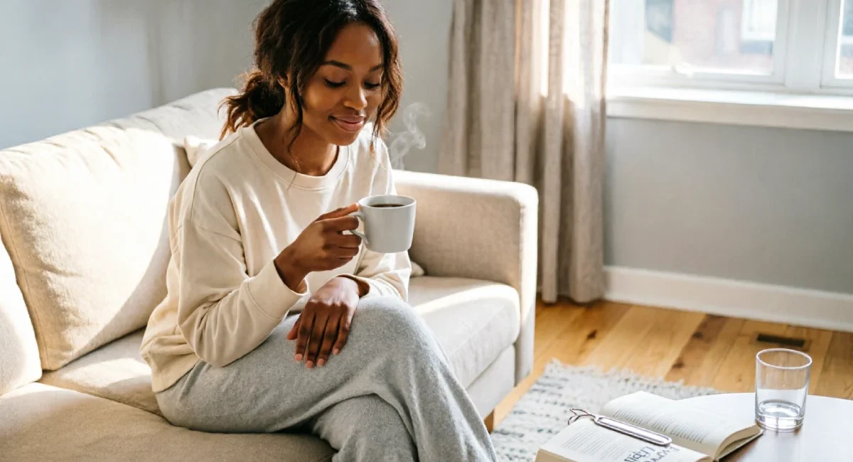 Woman enjoying peaceful morning coffee - stop comparing morning routines to influencers and embrace your authentic start