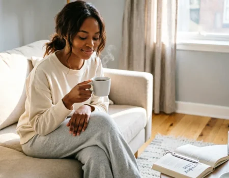Woman enjoying peaceful morning coffee - stop comparing morning routines to influencers and embrace your authentic start