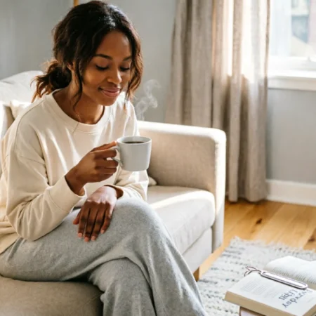 Woman enjoying peaceful morning coffee - stop comparing morning routines to influencers and embrace your authentic start