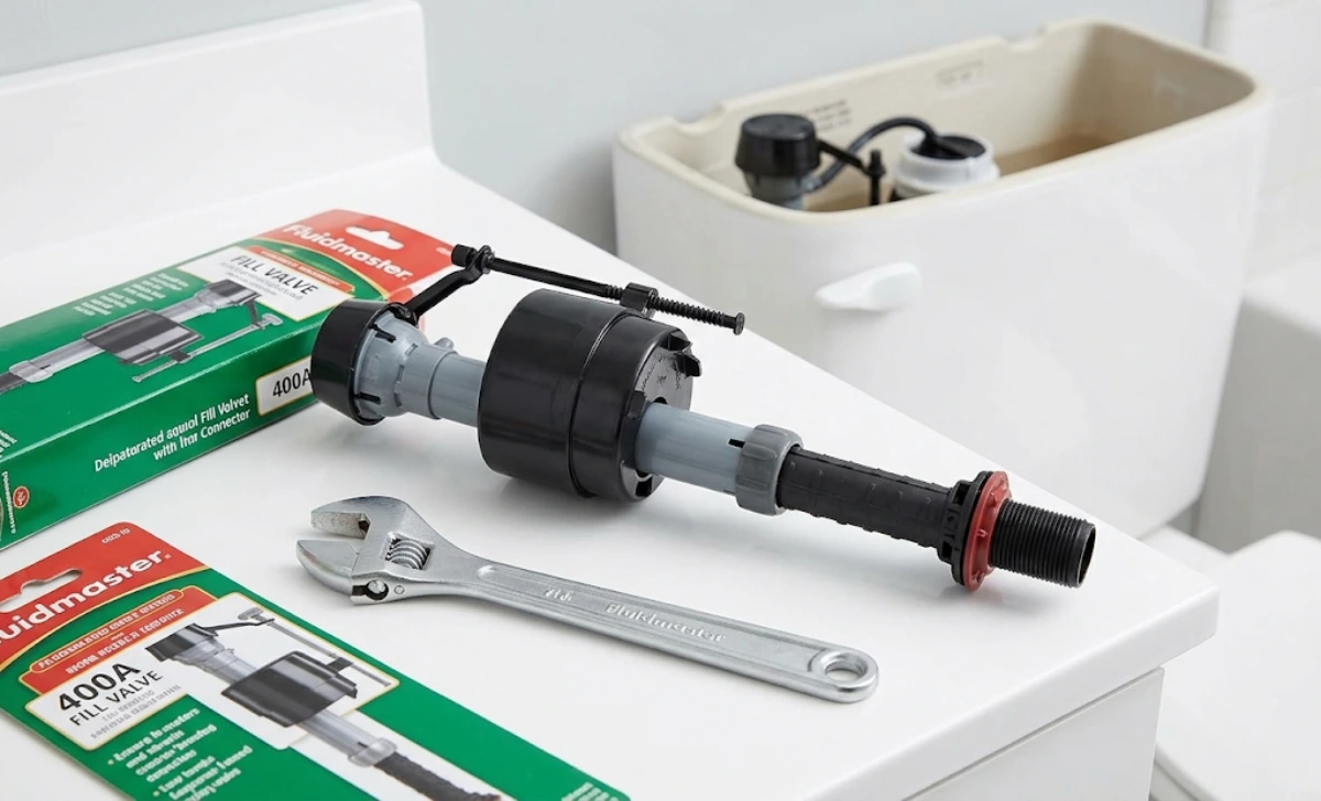 Fluidmaster fill valve and adjustable wrench ready for toilet repair