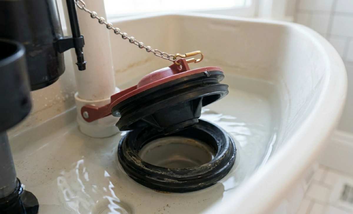 Close-up of a toilet flapper lifted from the flush valve seat