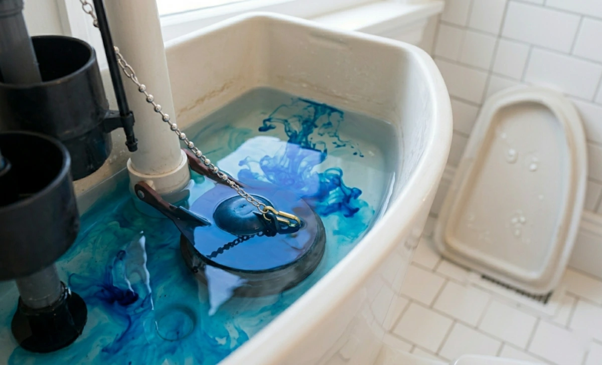 Blue food colouring dropped into a toilet tank to test for flapper leaks