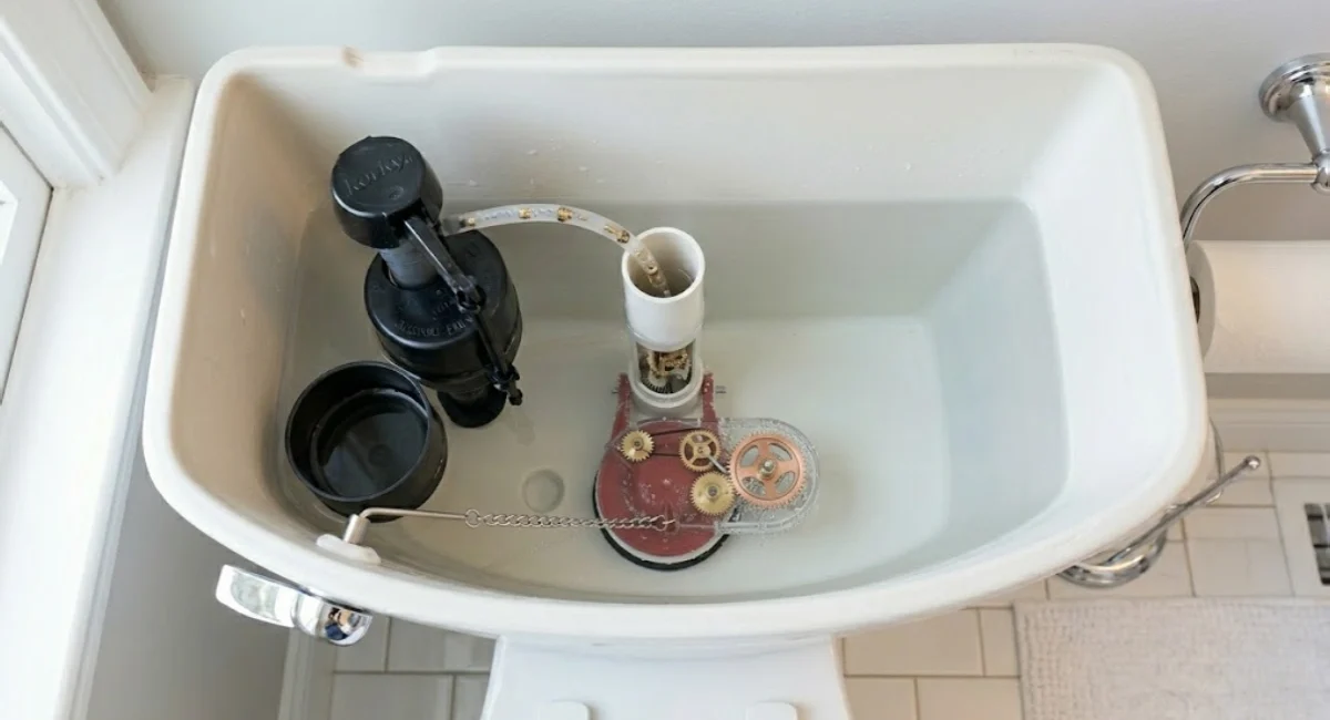 Open toilet tank showing flapper, fill valve, float cup, and overflow tube