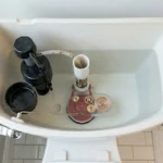 Open toilet tank showing flapper, fill valve, float cup, and overflow tube