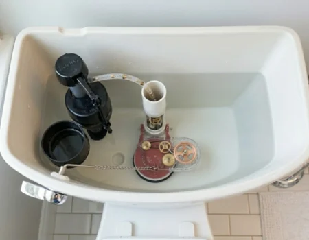 Inside view of a toilet tank showing flapper, fill valve, and float assembly