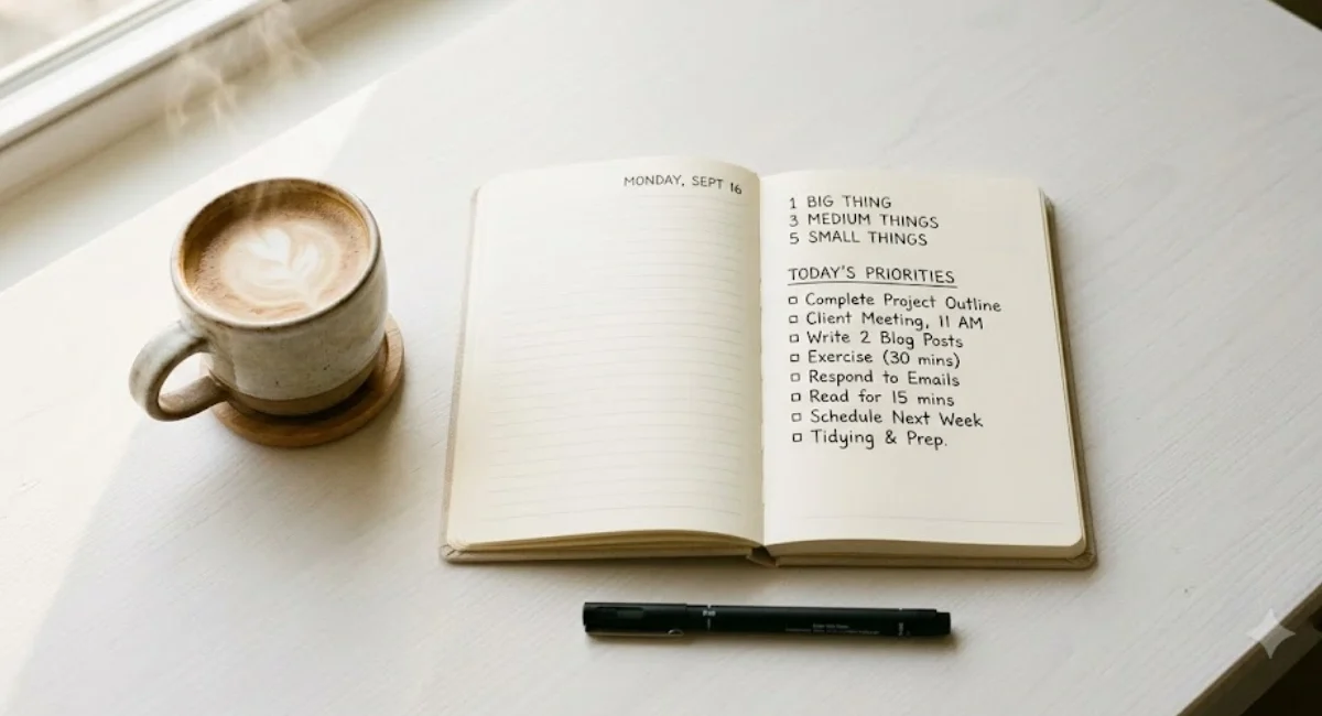 1-3-5 rule overwhelmed people — a minimal desk planner showing one big task, three medium tasks, and five small tasks for daily productivity