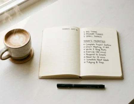 1-3-5 rule overwhelmed people — a minimal desk planner showing one big task, three medium tasks, and five small tasks for daily productivity
