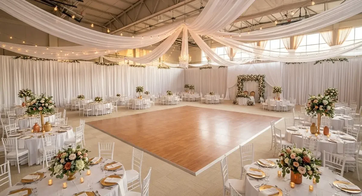 gym floor covered with portable dance floor tiles and carpet for a wedding reception