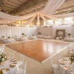 gym floor covered with portable dance floor tiles and carpet for a wedding reception