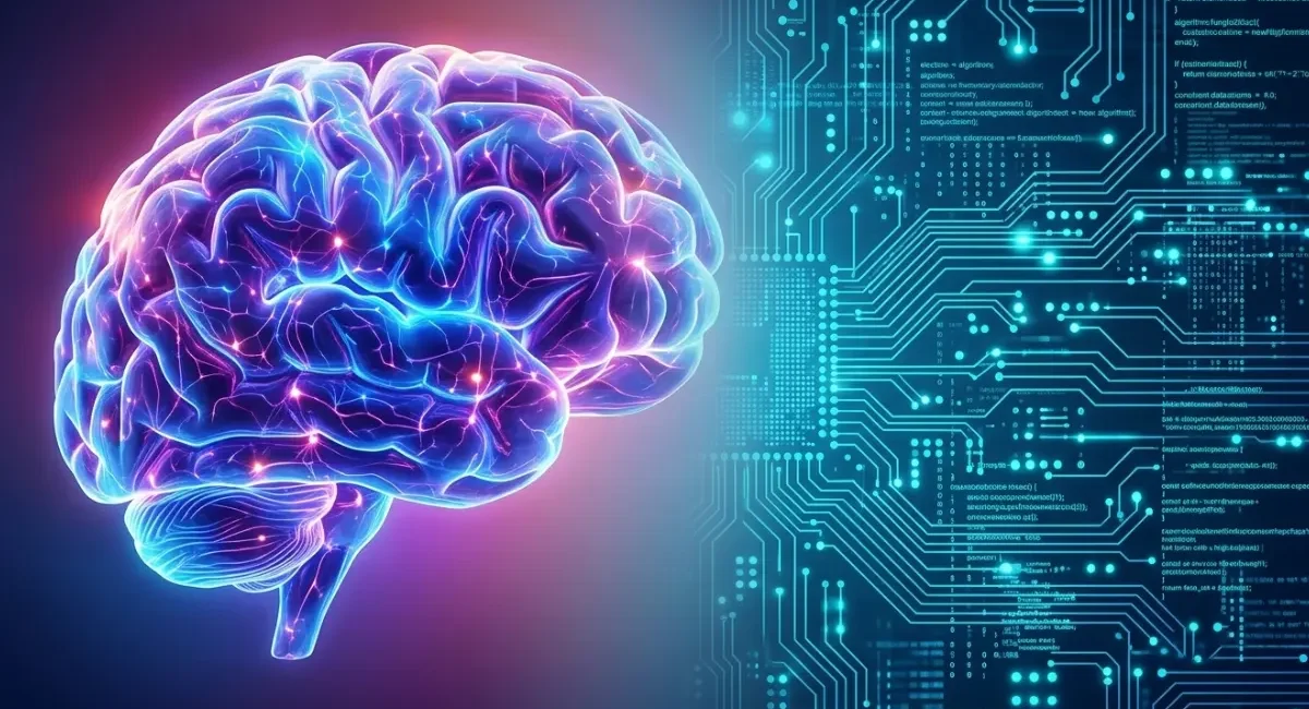 Split-screen showing human brain on left side glowing with neural activity, transitioning to circuit board patterns and data streams on right side, representing human versus artificial intelligence