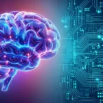 Split-screen showing human brain on left side glowing with neural activity, transitioning to circuit board patterns and data streams on right side, representing human versus artificial intelligence