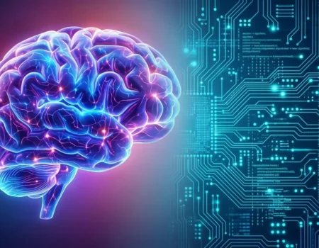 Split-screen showing human brain on left side glowing with neural activity, transitioning to circuit board patterns and data streams on right side, representing human versus artificial intelligence