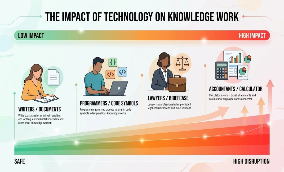 Horizontal timeline or spectrum graphic showing different job categories (writers, programmers, legal analysts, financial advisors) with color-coded disruption levels ranging from low to high impact, representing AGI's effect on knowledge work industries