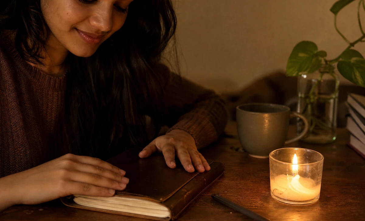 Woman closing her journal after a brain dump ritual anxiety session, breathing calmly with a peaceful expression.