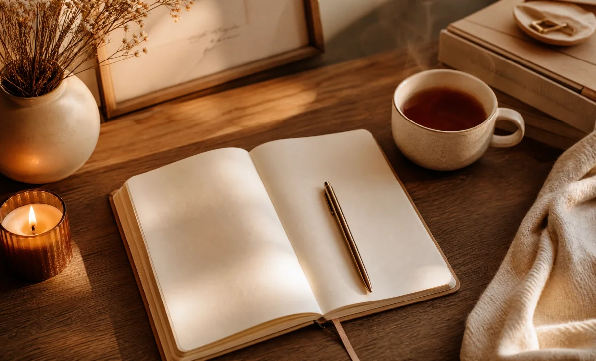 A cozy journaling desk setup with a candle, notebook, and tea prepared for a brain dump ritual anxiety practice.