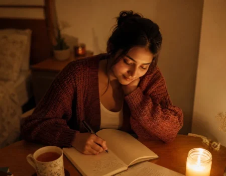 Woman practicing a brain dump ritual anxiety relief technique