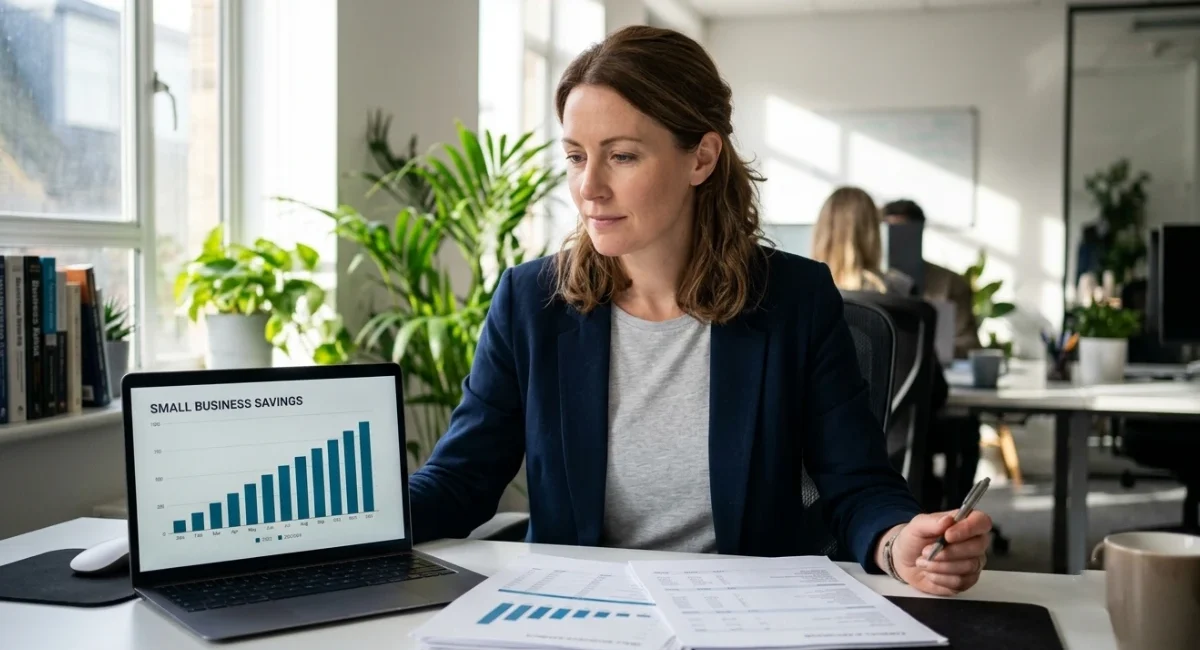 Small business owner reviewing finances while building a rainy-day fund