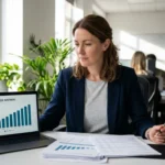Small business owner reviewing finances while building a rainy-day fund