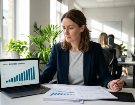 Small business owner reviewing finances while building a rainy-day fund