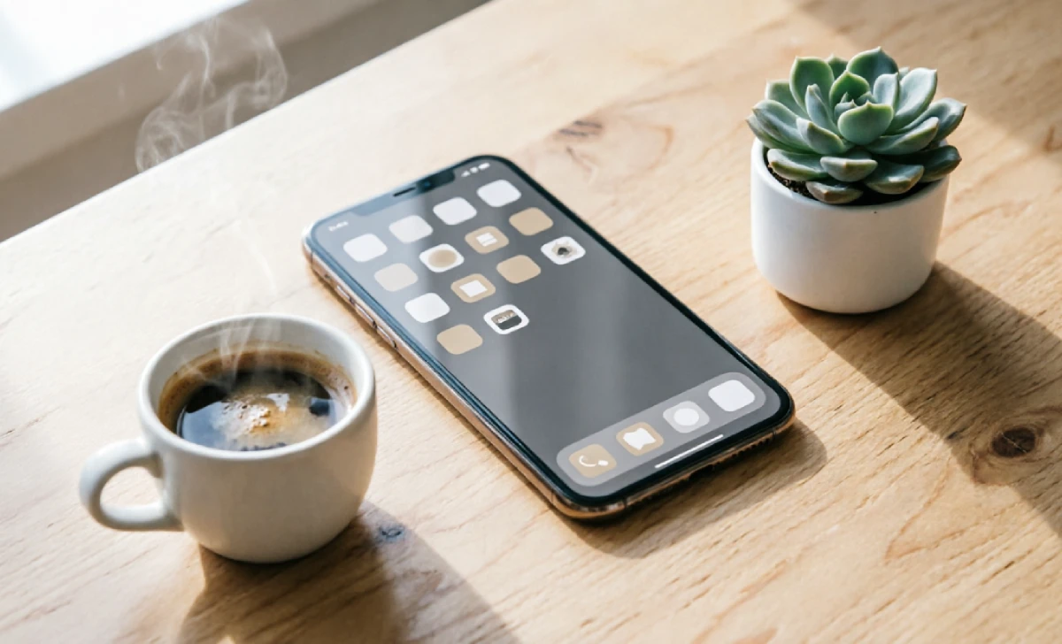 Low spoiler digital environment minimalist home screen design with grayscale apps and calm layout for digital wellness