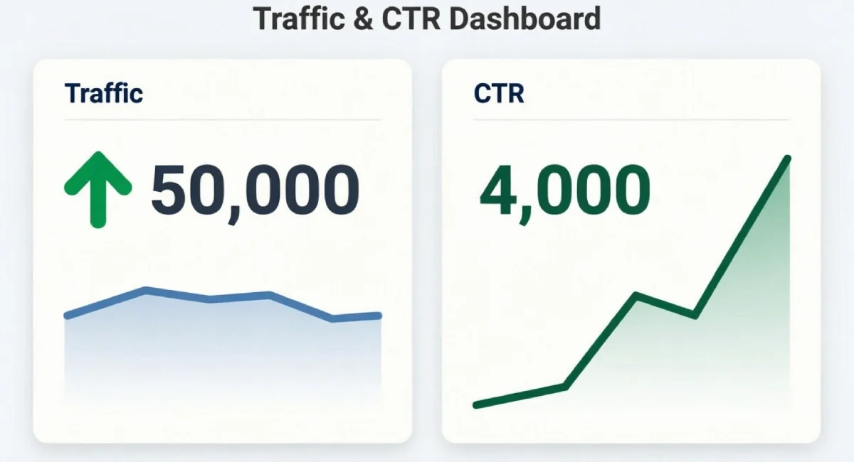 Side-by-side comparison of click-through rate vs traffic showing why high CTR drives more conversions than high raw traffic volume.