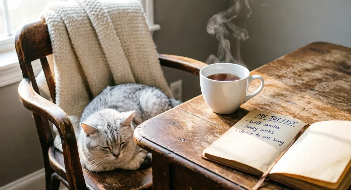 Handwritten joy list on a desk with tea and a soft blanket, showing how to create a joy list for low-motivation days.