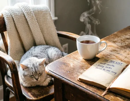 Handwritten joy list on a desk with tea and a soft blanket, showing how to create a joy list for low-motivation days.