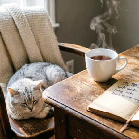 Handwritten joy list on a desk with tea and a soft blanket, showing how to create a joy list for low-motivation days.