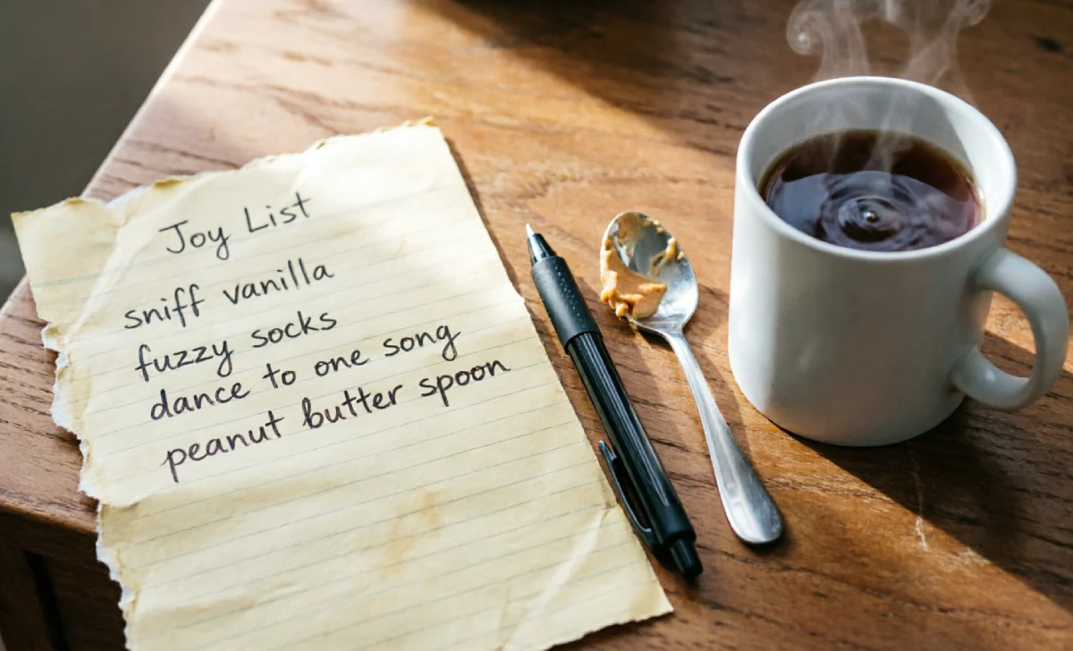 Handwritten joy list on a table with peanut butter spoon and tea, demonstrating how to create a joy list.