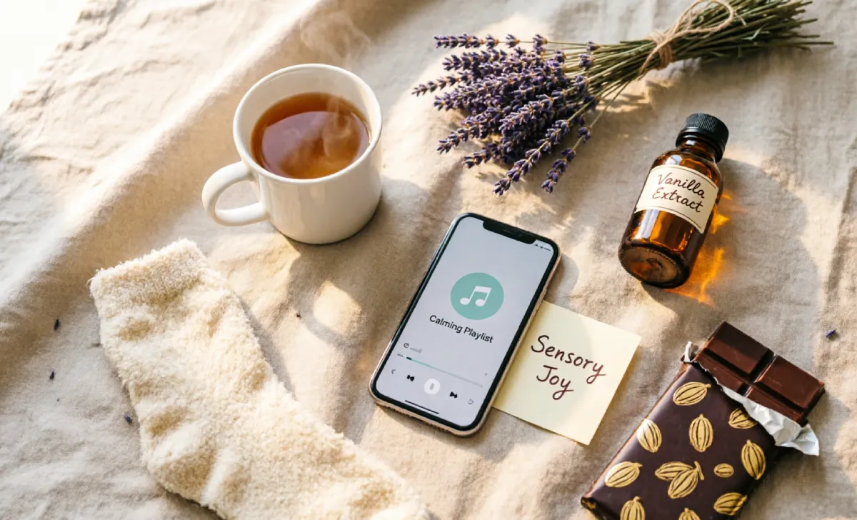 Cozy flat lay of sensory items used to create a joy list for mood-boosting on hard days.