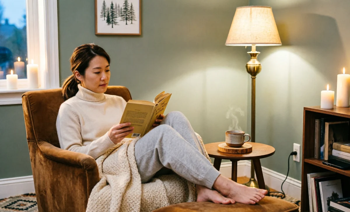 Woman reading a book in a cozy room with phone placed far away, a real replacement when the Downtime Setting Not Working fails.