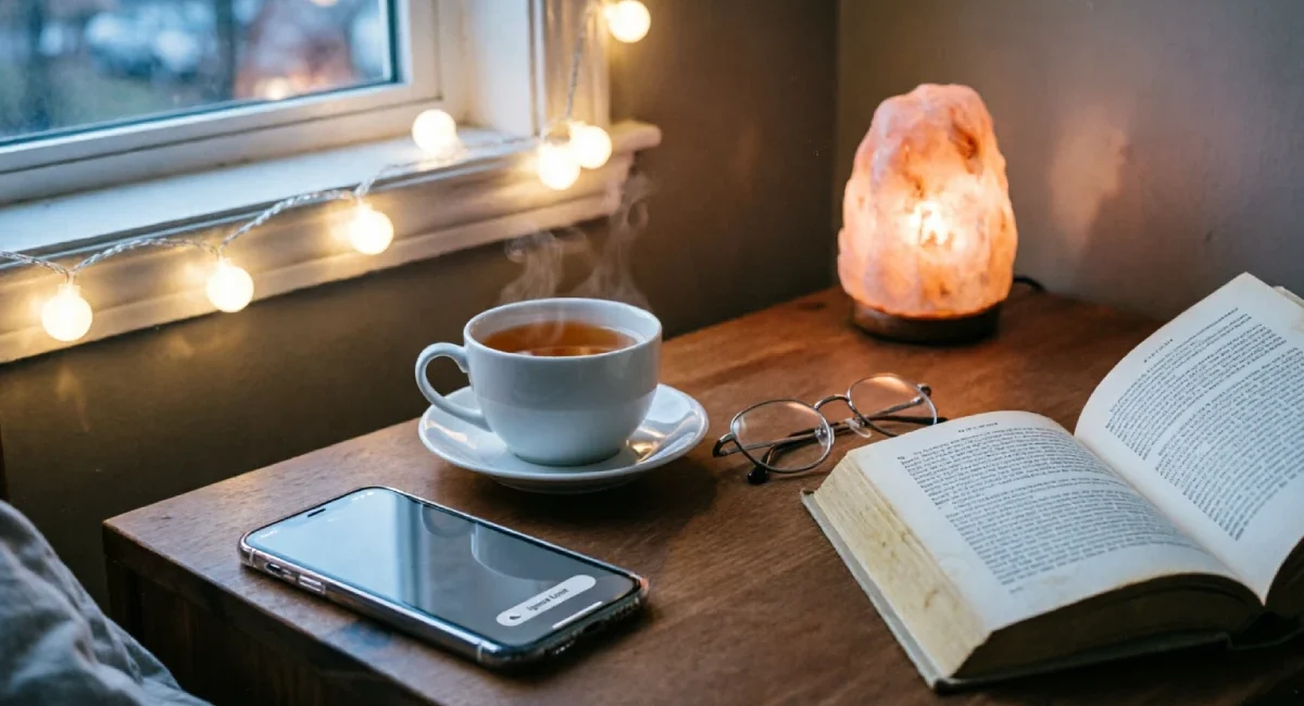 Cozy evening scene with a smartphone on grayscale mode and a cup of tea, illustrating a gentle replacement when your Downtime Setting Not Working fails.