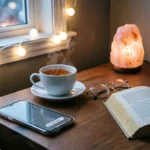 Cozy evening scene with a smartphone on grayscale mode and a cup of tea, illustrating a gentle replacement when your Downtime Setting Not Working fails.