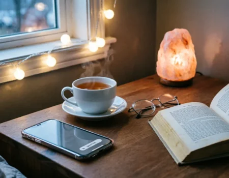 Cozy evening scene with a smartphone on grayscale mode and a cup of tea, illustrating a gentle replacement when your Downtime Setting Not Working fails.