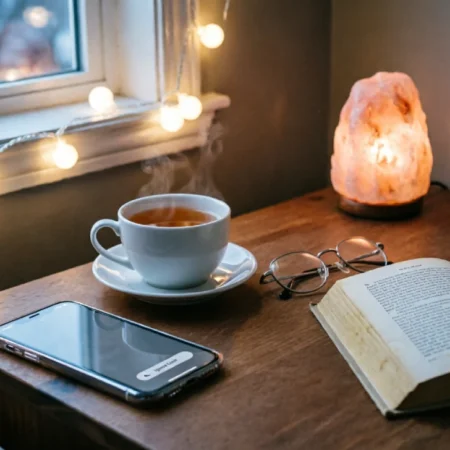 Cozy evening scene with a smartphone on grayscale mode and a cup of tea, illustrating a gentle replacement when your Downtime Setting Not Working fails.