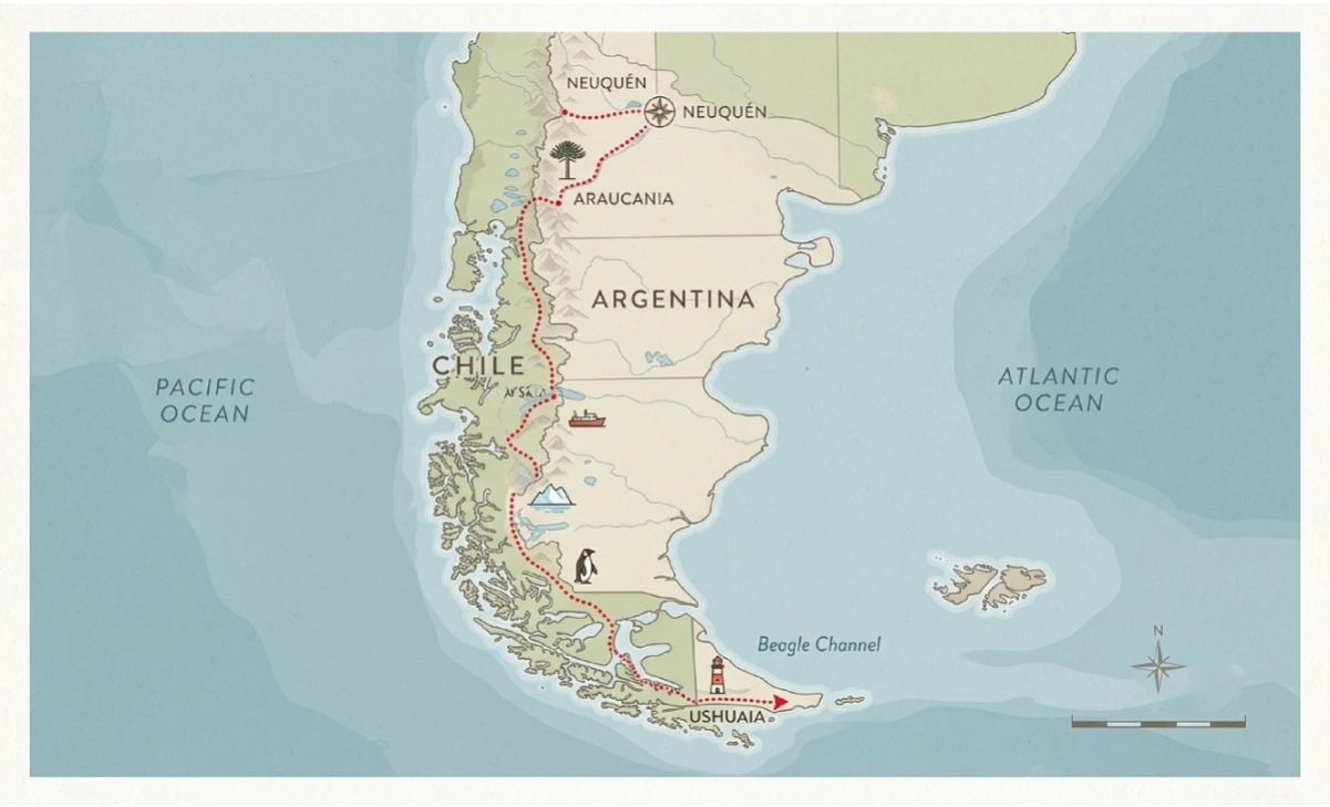 Map tracing the Dutch couple's overland route through Neuquén province and Araucania before boarding the MV Hondius in Ushuaia
