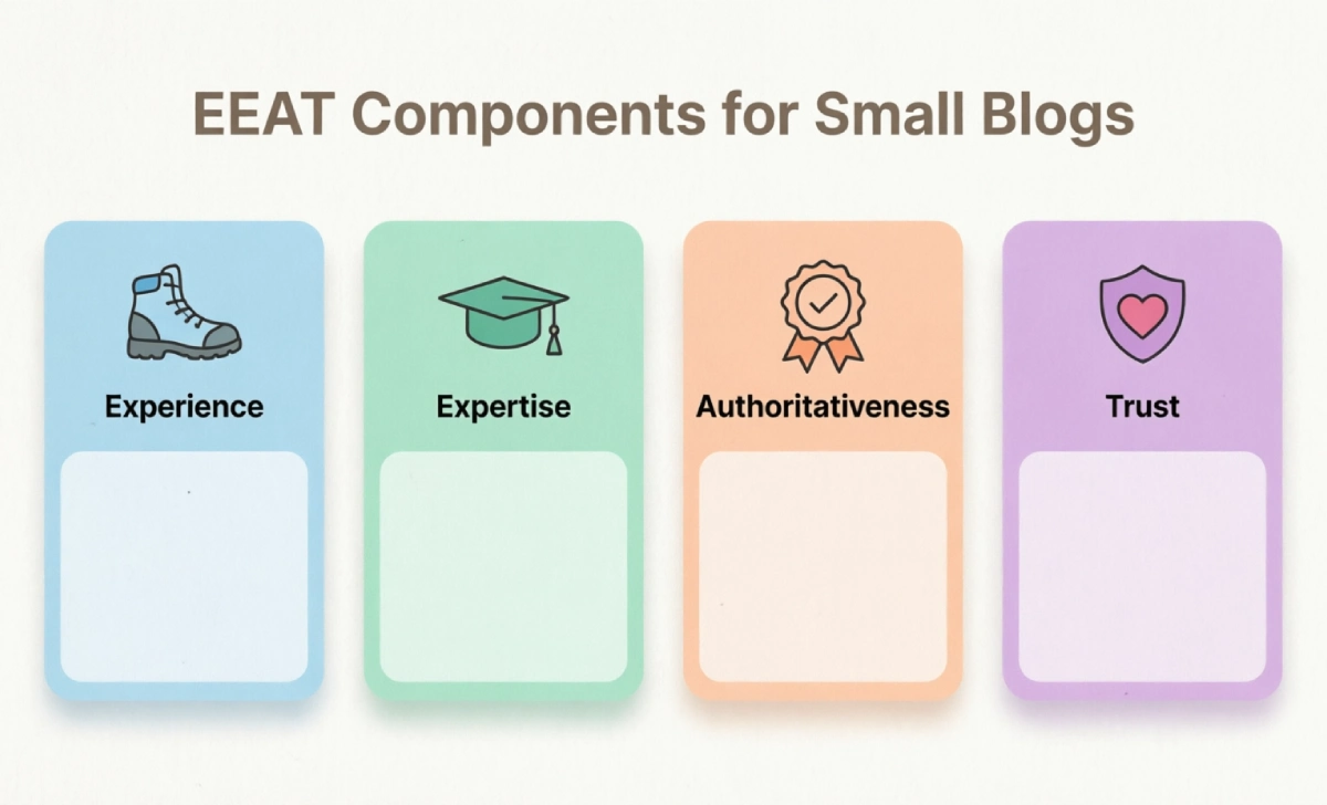 EEAT for small blogs comparison chart illustrating Experience, Expertise, Authoritativeness, and Trust components.