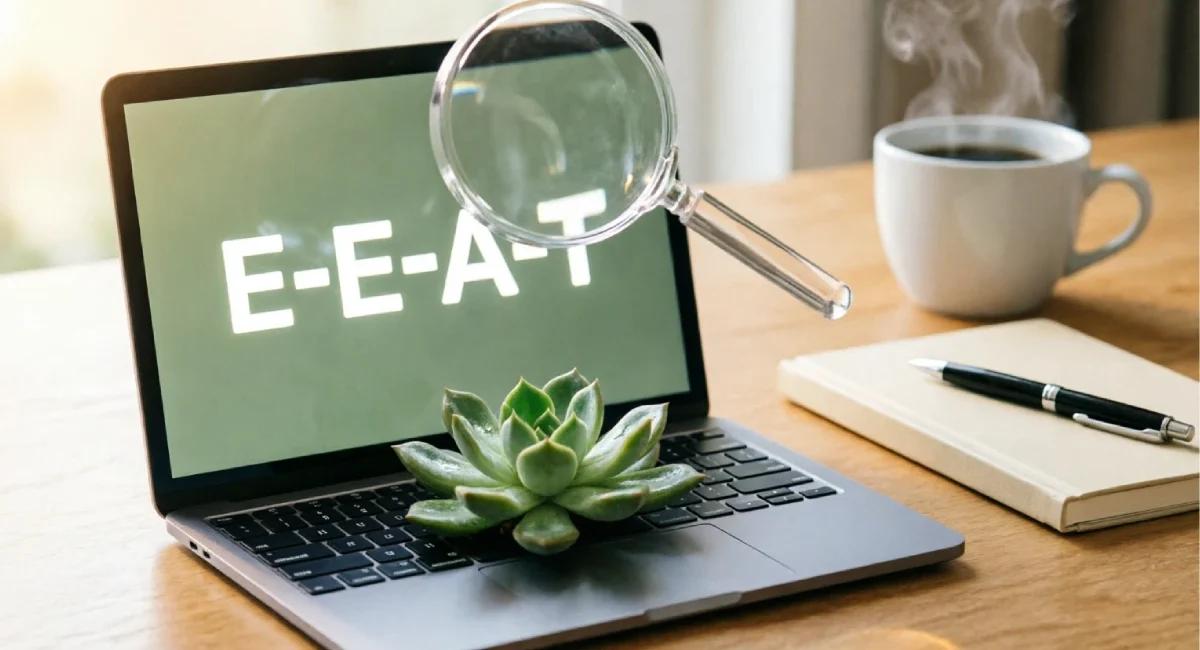 Illustration of EEAT for small blogs concept showing a laptop with a plant and magnifying glass emphasizing trust signals.